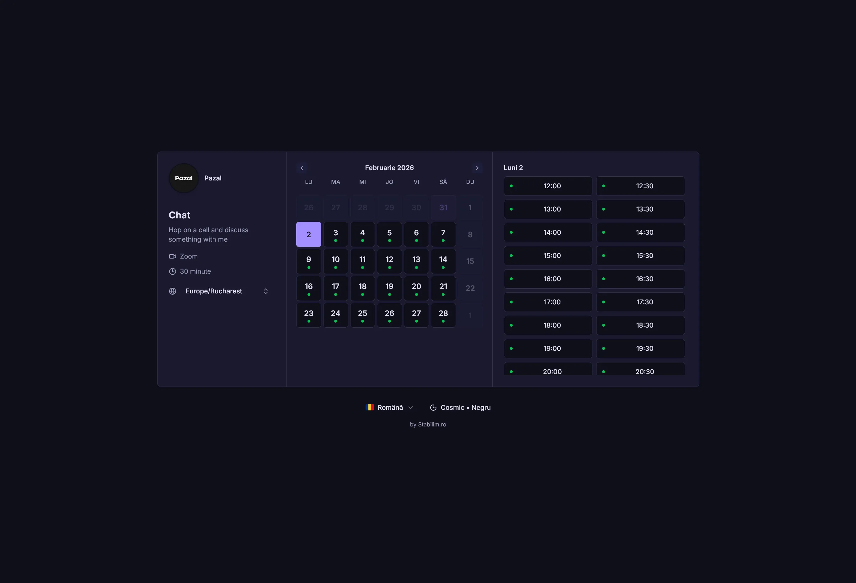 Booking page preview - Dark theme